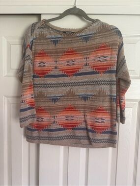 Chaps Scoopneck Aztec Pullover Sweater - Tan, Coral & Navy